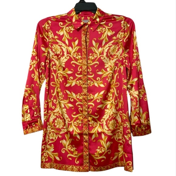 Chico's Women's Boho Ornate Scroll-Print Long Sleeve Tunic Sz Small Pink Gold - Picture 2 of 14